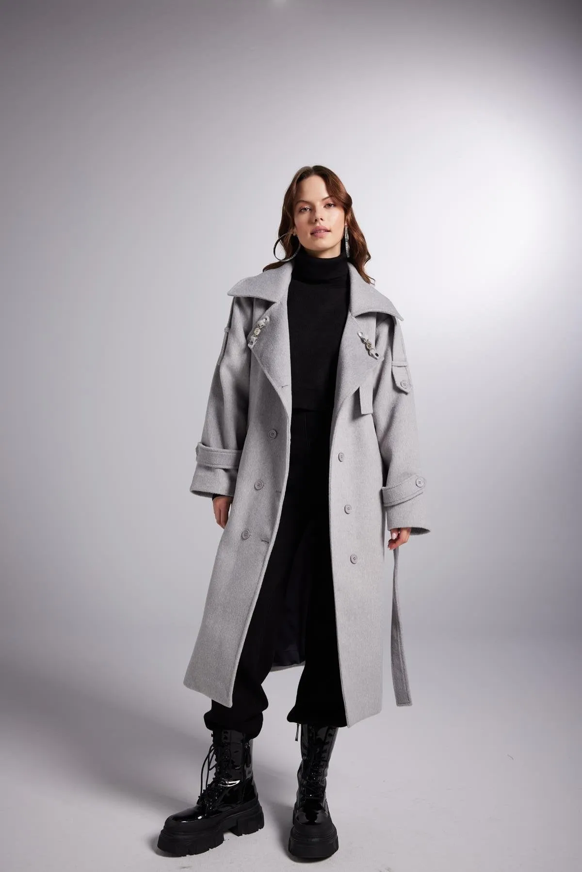 Accessorized Wool Blended Cashmere Maxi Woody Grey Coat