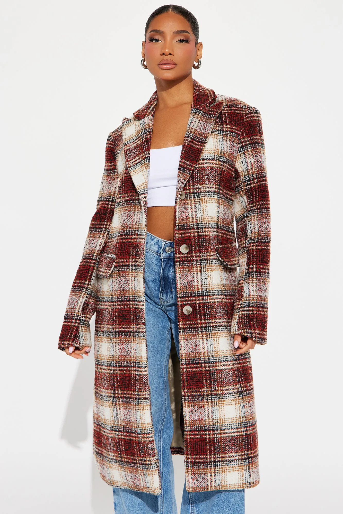 Across The Pond Plaid Trench - Red/combo