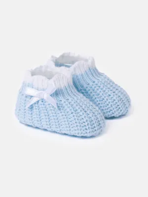 Baby Unisex Knitted Booties with Satin Bow - Baby Blue