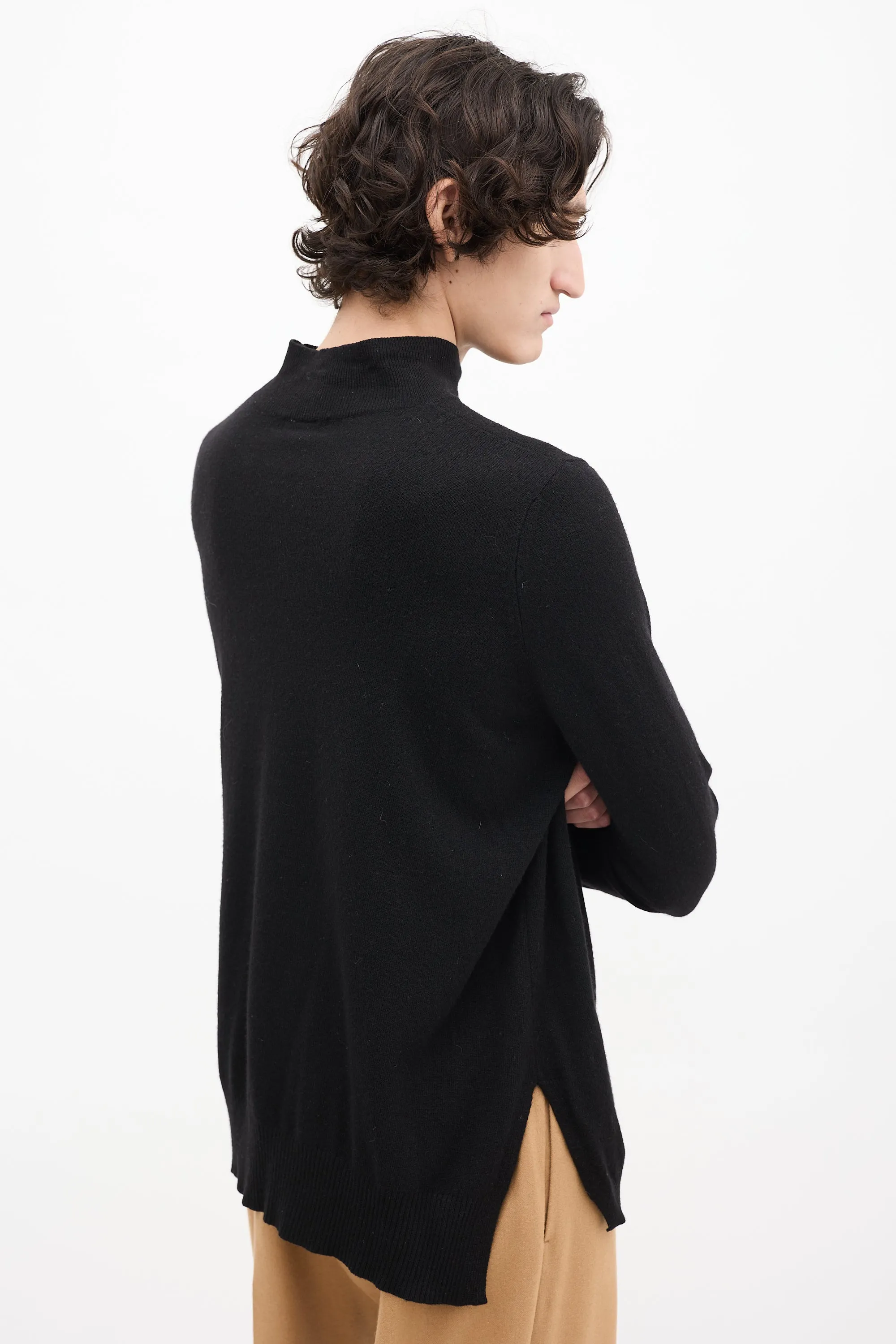 Black Wool Rio Split Side Mock Neck Sweater