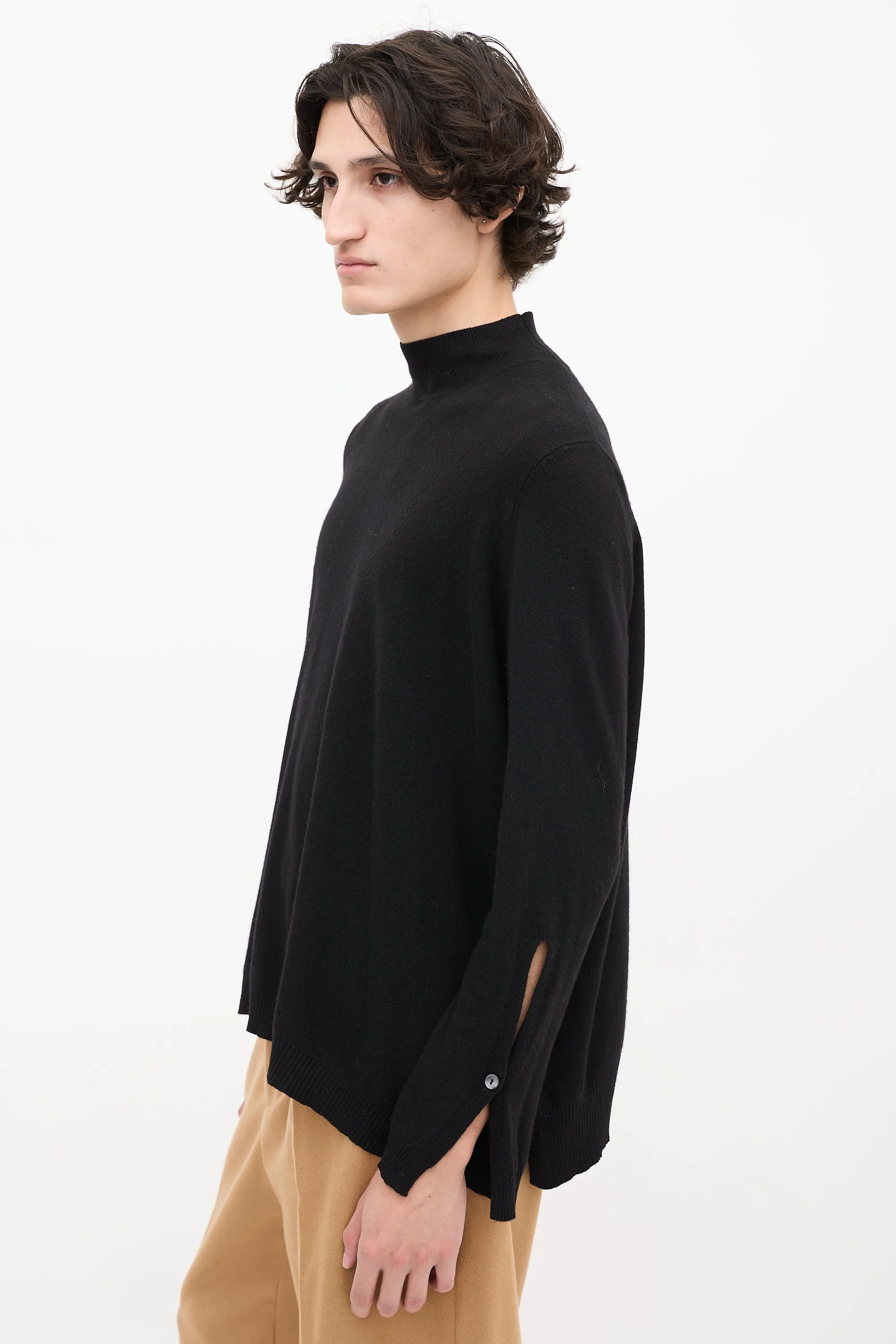 Black Wool Rio Split Side Mock Neck Sweater