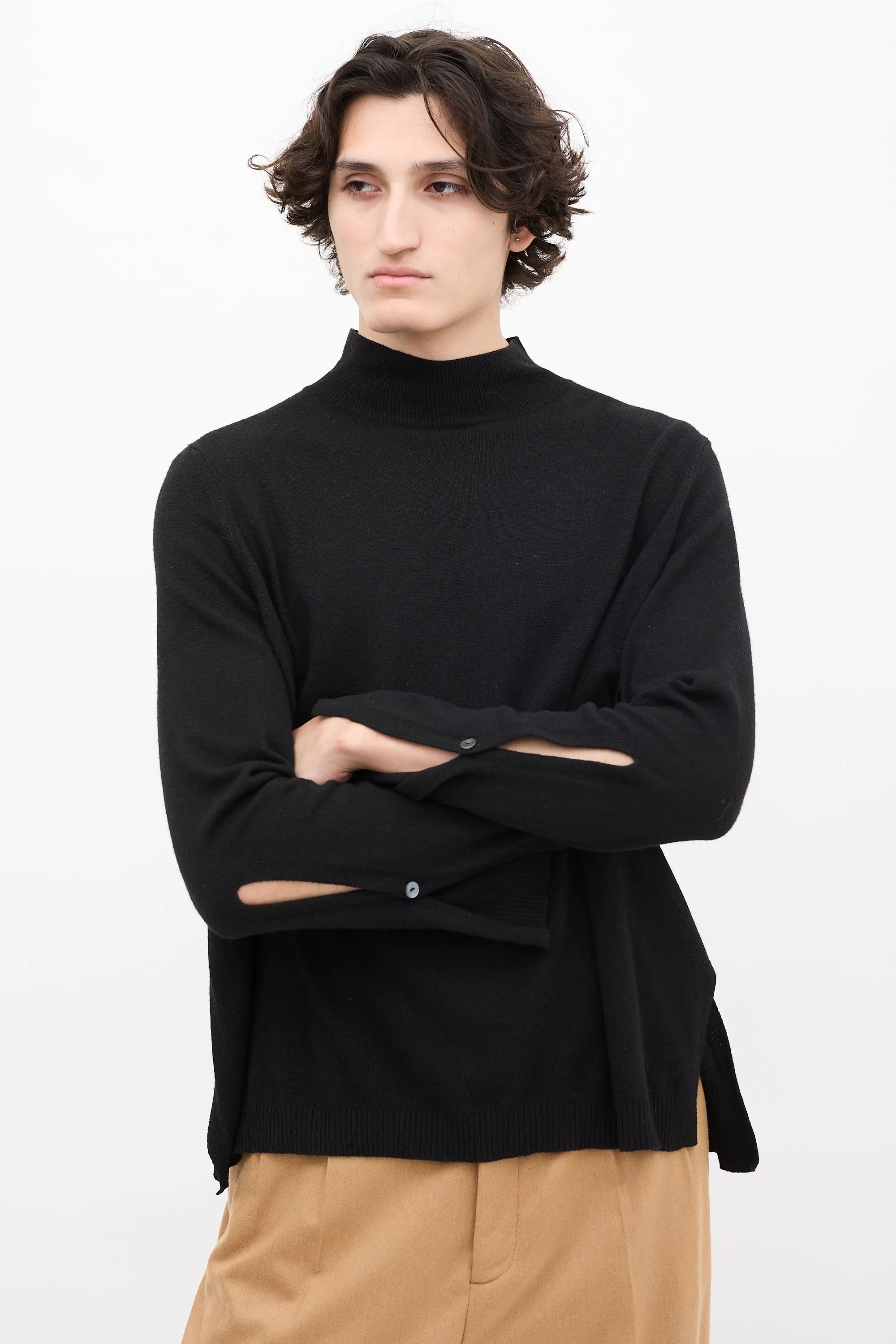 Black Wool Rio Split Side Mock Neck Sweater