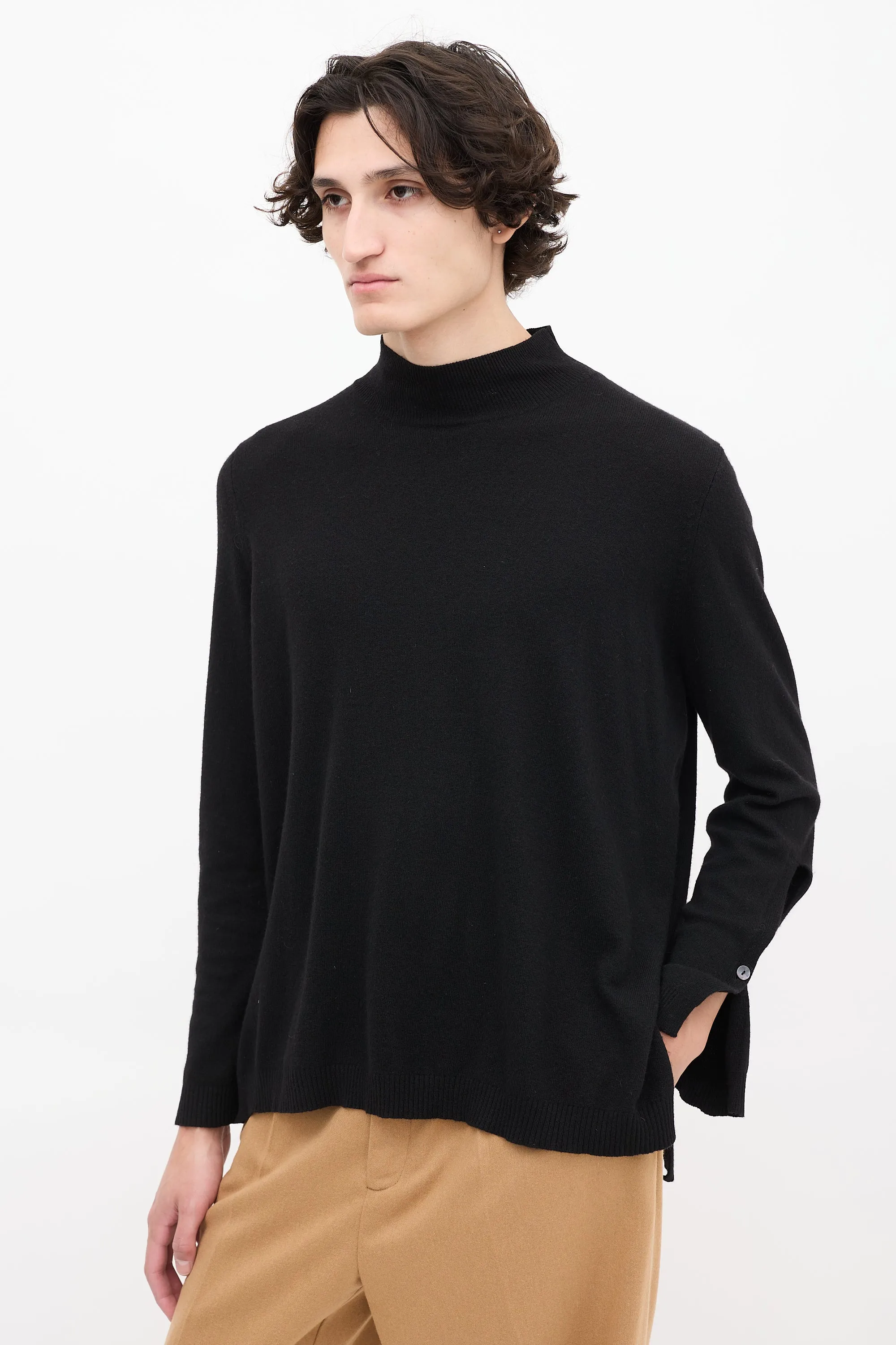 Black Wool Rio Split Side Mock Neck Sweater