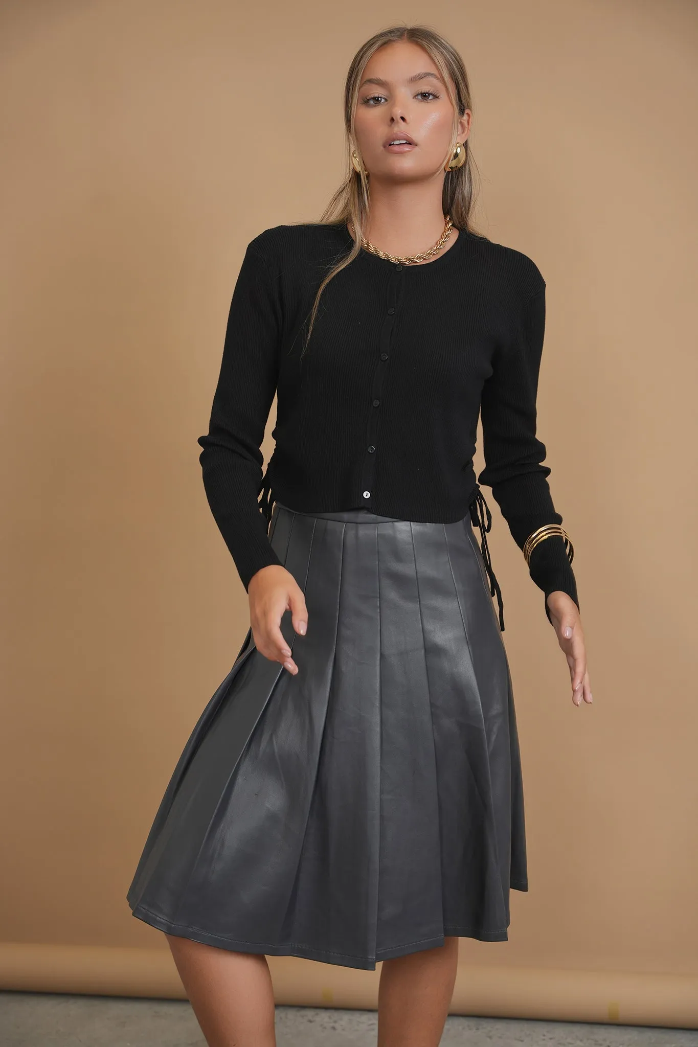 Bliss Pleated Leather Skirt Grey