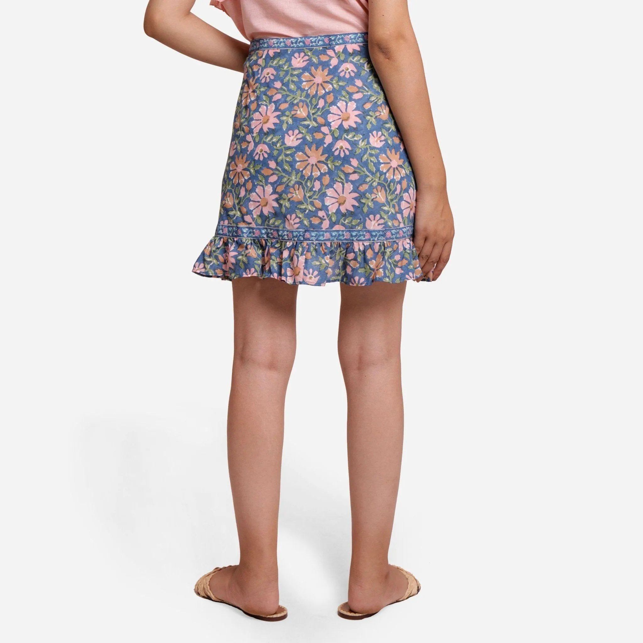 Blue Floral Block Print Cotton High-Rise Short Skirt