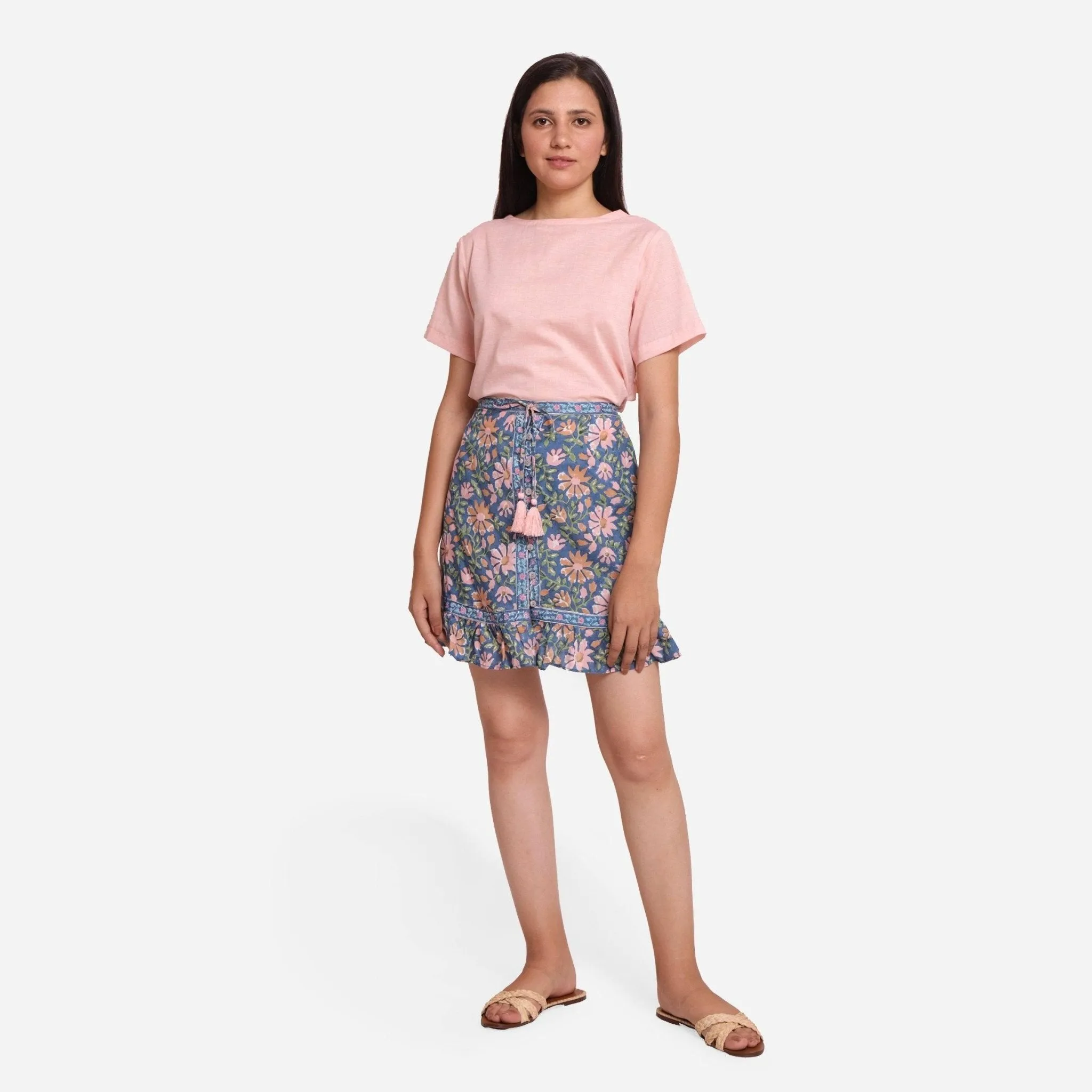 Blue Floral Block Print Cotton High-Rise Short Skirt