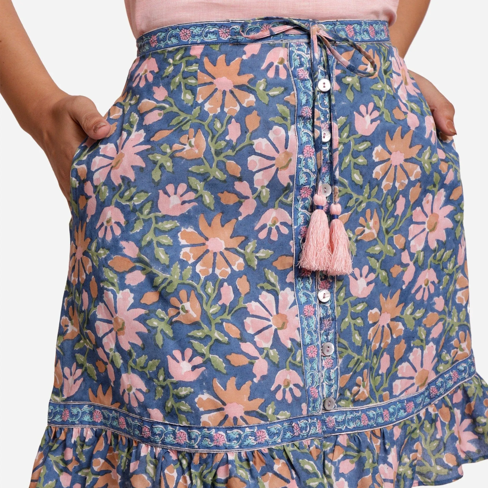 Blue Floral Block Print Cotton High-Rise Short Skirt