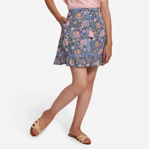 Blue Floral Block Print Cotton High-Rise Short Skirt