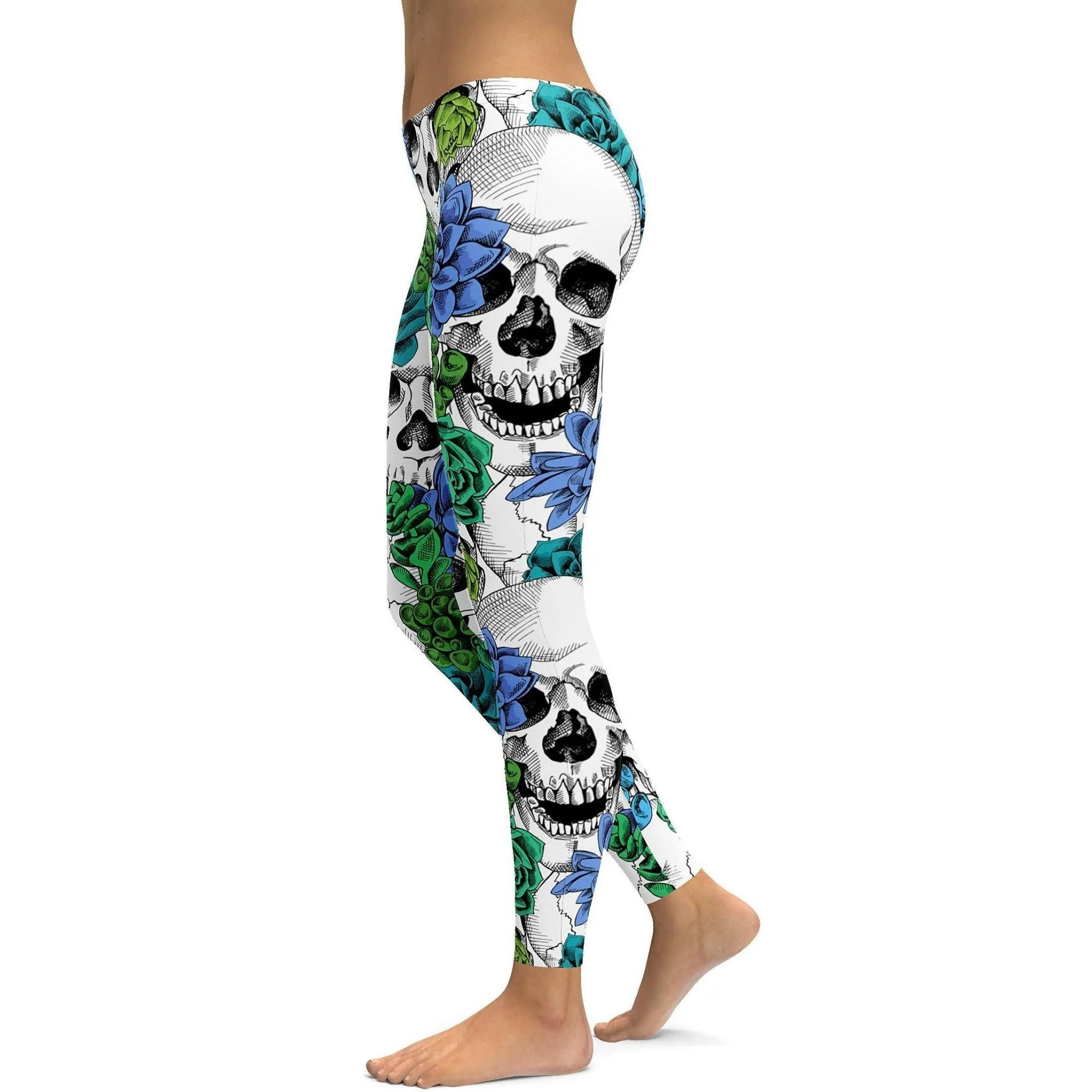 Blue Floral Skulls Leggings