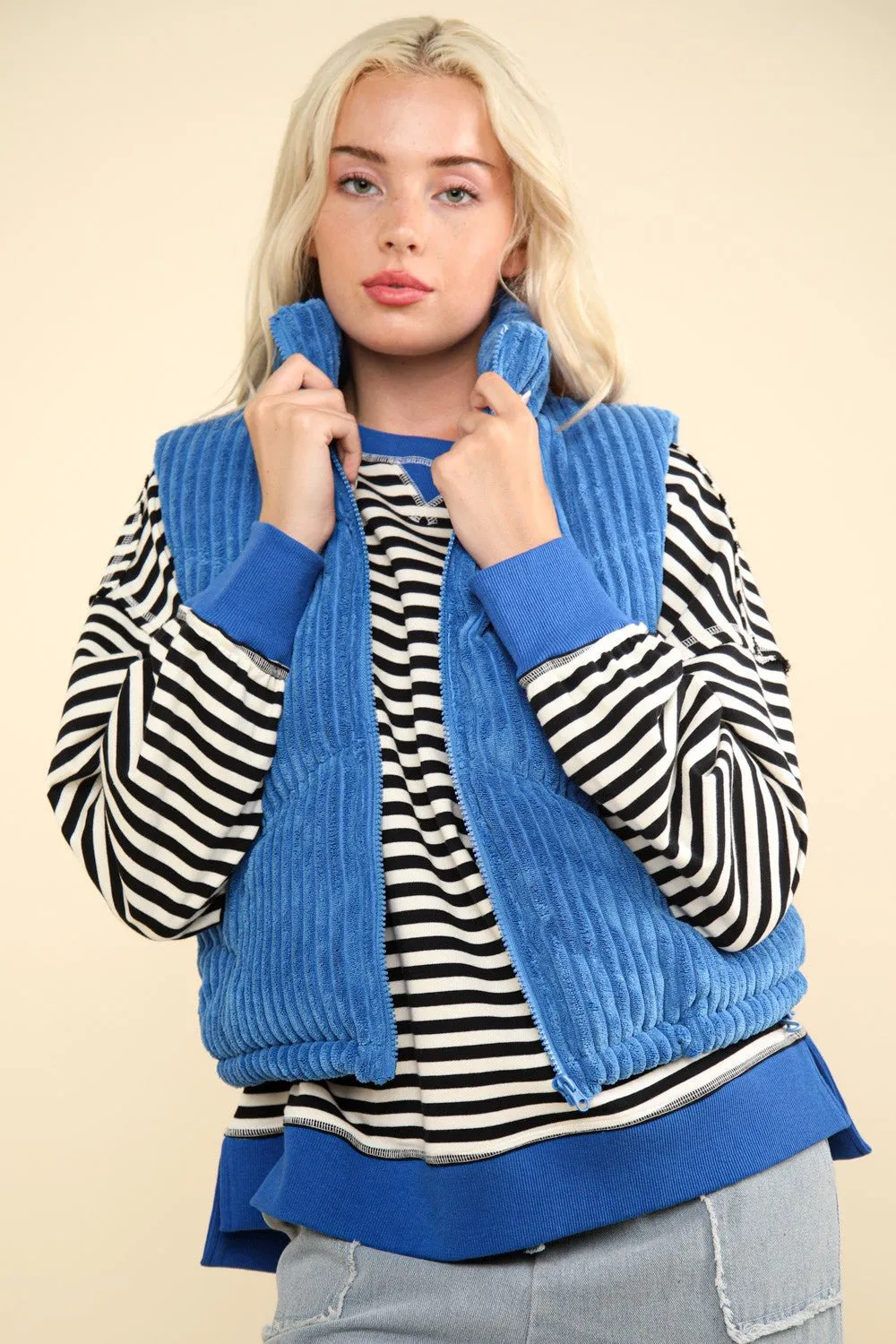 Blue Zip Up Corduroy Puffer Vest