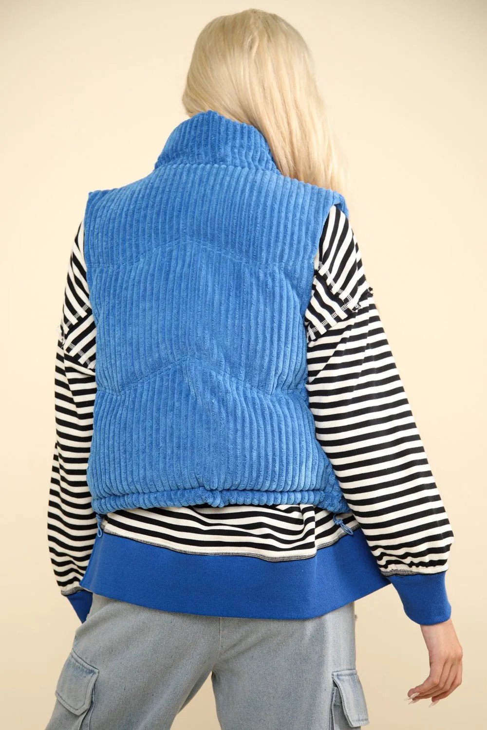 Blue Zip Up Corduroy Puffer Vest