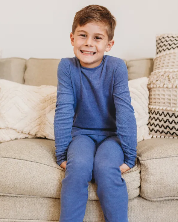 Boys Soft & Cozy Thermal 2-Piece Long Johns | Denim Blue w- Baby Blue Stitch