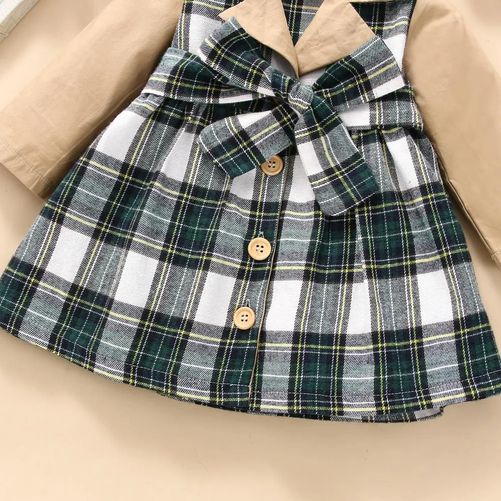 Christmas Autumn and Winter Plaid Stitching Trench Coat Girls Dress Wholesale Baby Children Clothes