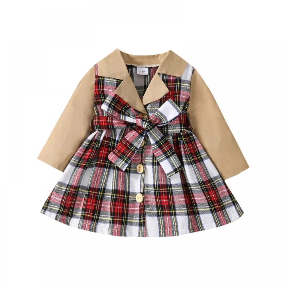 Christmas Autumn and Winter Plaid Stitching Trench Coat Girls Dress Wholesale Baby Children Clothes