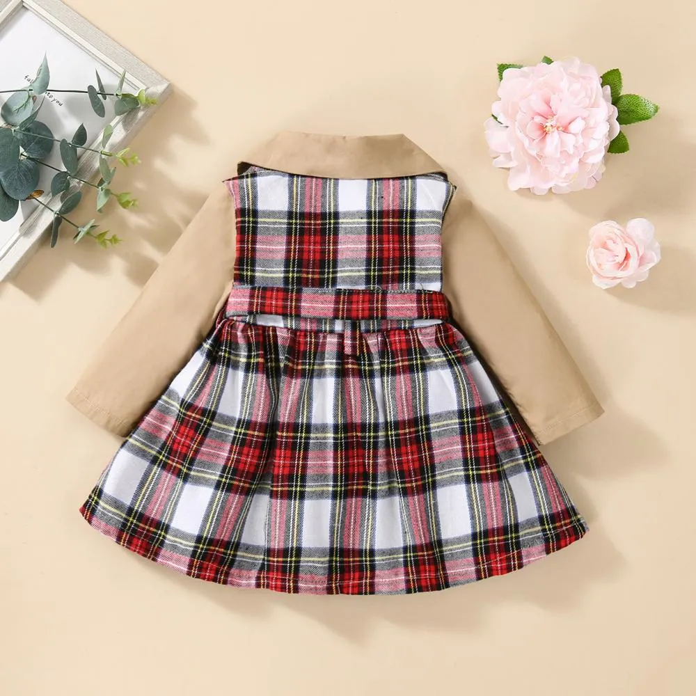 Christmas Autumn and Winter Plaid Stitching Trench Coat Girls Dress Wholesale Baby Children Clothes