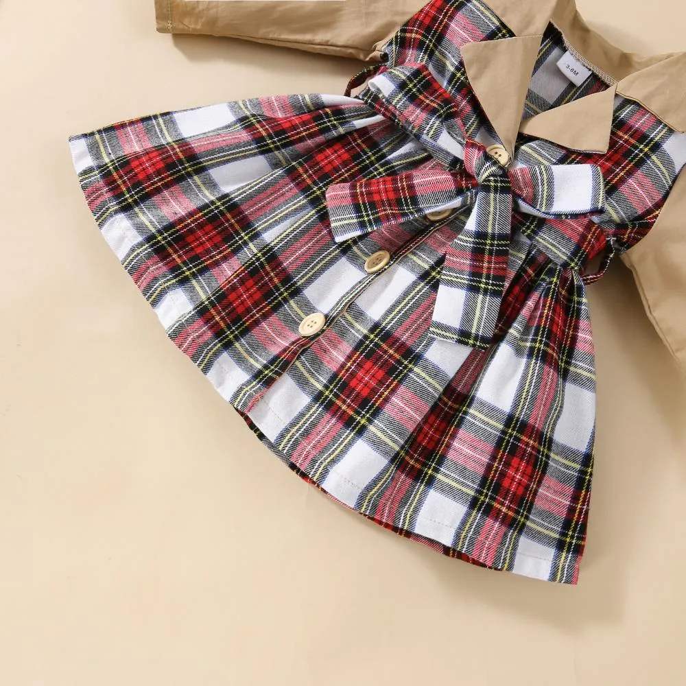 Christmas Autumn and Winter Plaid Stitching Trench Coat Girls Dress Wholesale Baby Children Clothes