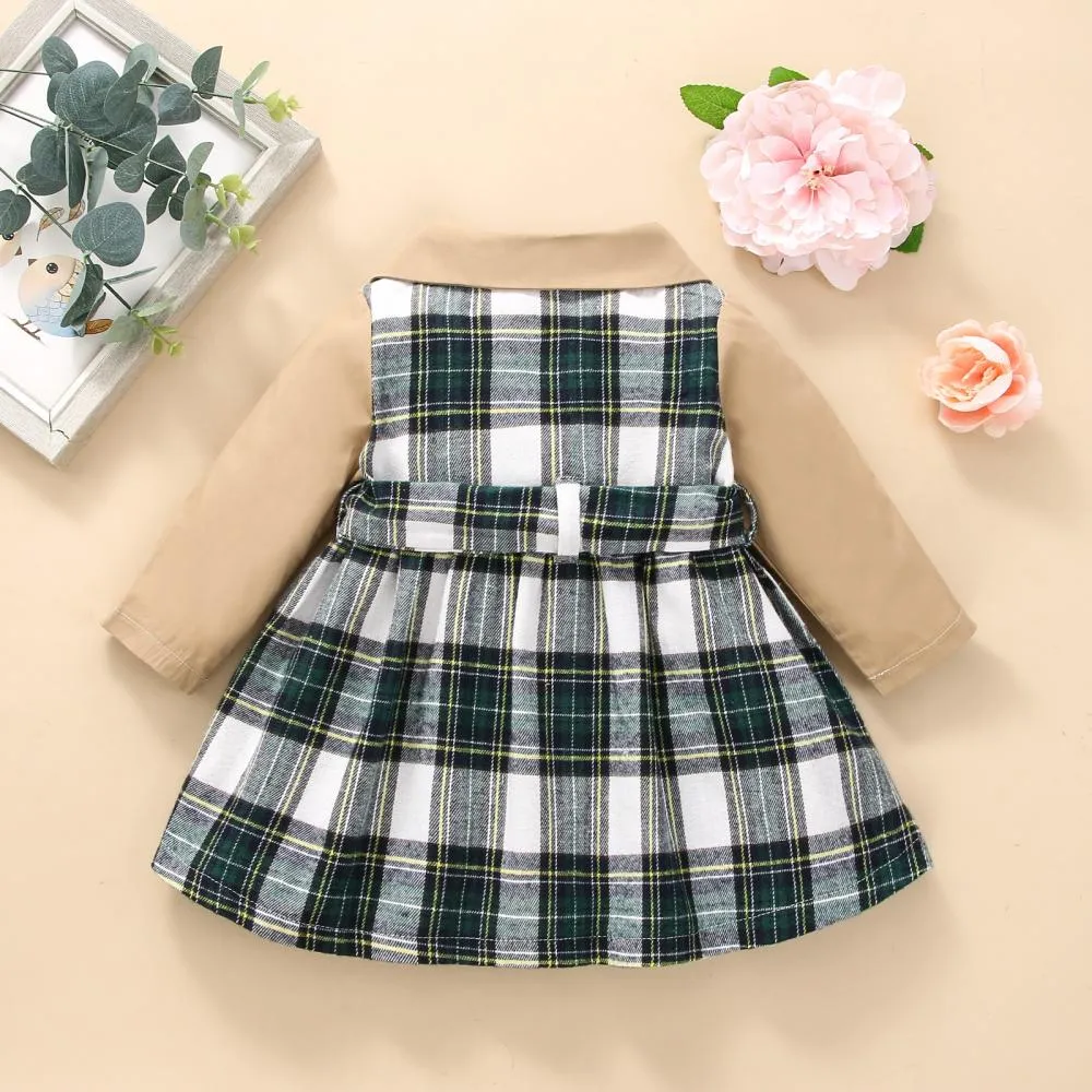 Christmas Autumn and Winter Plaid Stitching Trench Coat Girls Dress Wholesale Baby Children Clothes