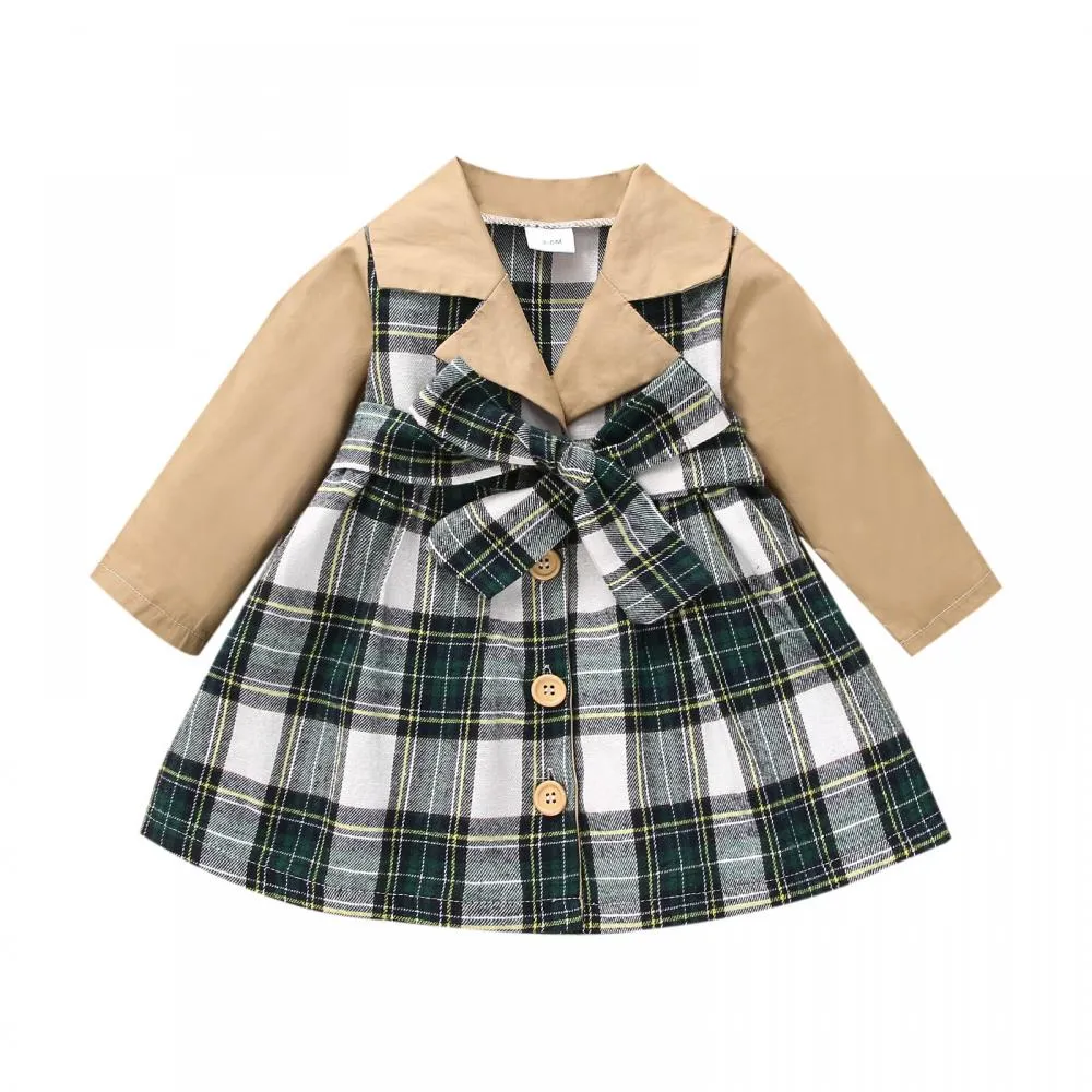 Christmas Autumn and Winter Plaid Stitching Trench Coat Girls Dress Wholesale Baby Children Clothes