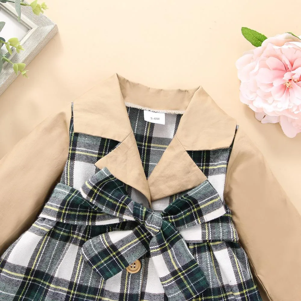 Christmas Autumn and Winter Plaid Stitching Trench Coat Girls Dress Wholesale Baby Children Clothes