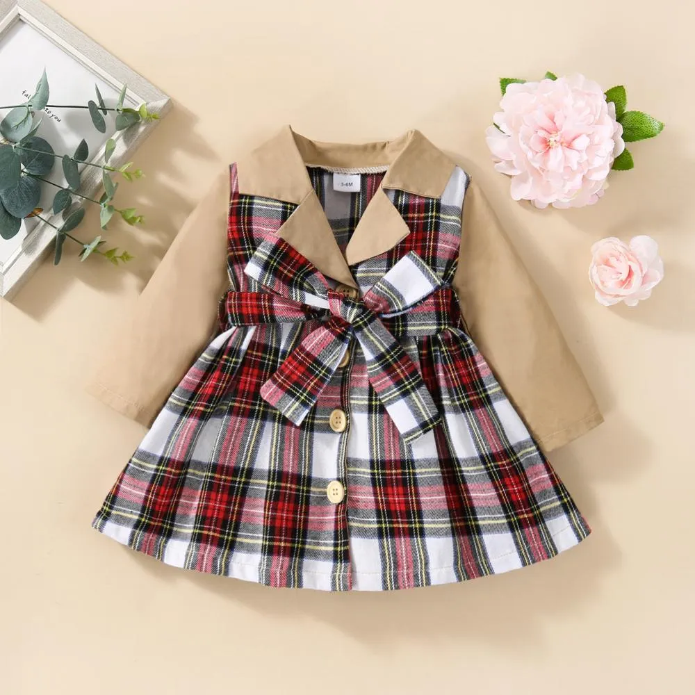 Christmas Autumn and Winter Plaid Stitching Trench Coat Girls Dress Wholesale Baby Children Clothes