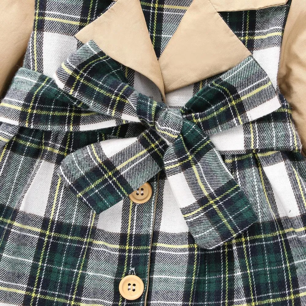 Christmas Autumn and Winter Plaid Stitching Trench Coat Girls Dress Wholesale Baby Children Clothes