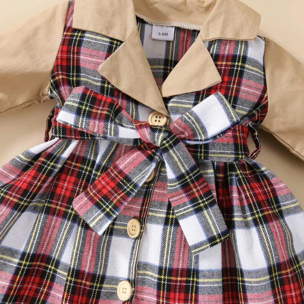 Christmas Autumn and Winter Plaid Stitching Trench Coat Girls Dress Wholesale Baby Children Clothes