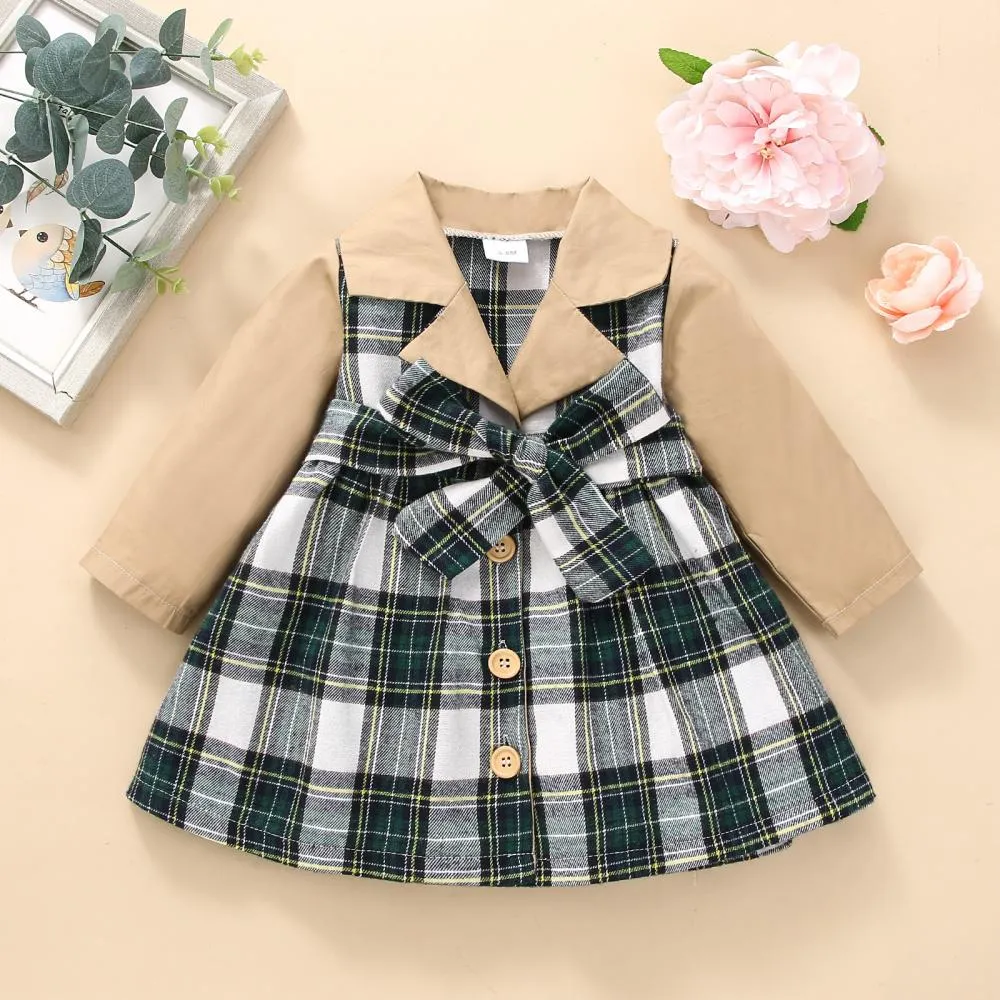 Christmas Autumn and Winter Plaid Stitching Trench Coat Girls Dress Wholesale Baby Children Clothes