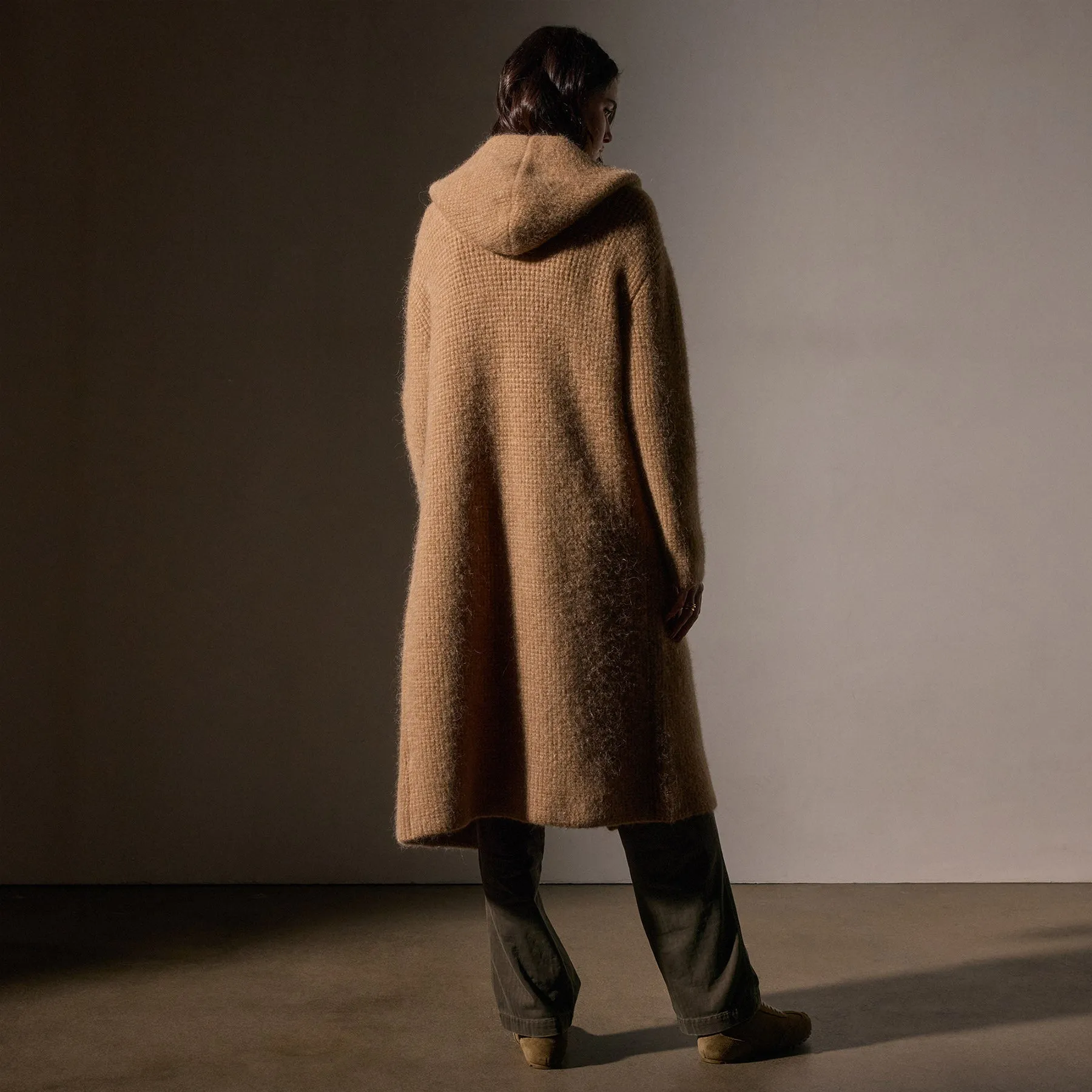 Chunky Waffle Knit Hooded Coat - Camel