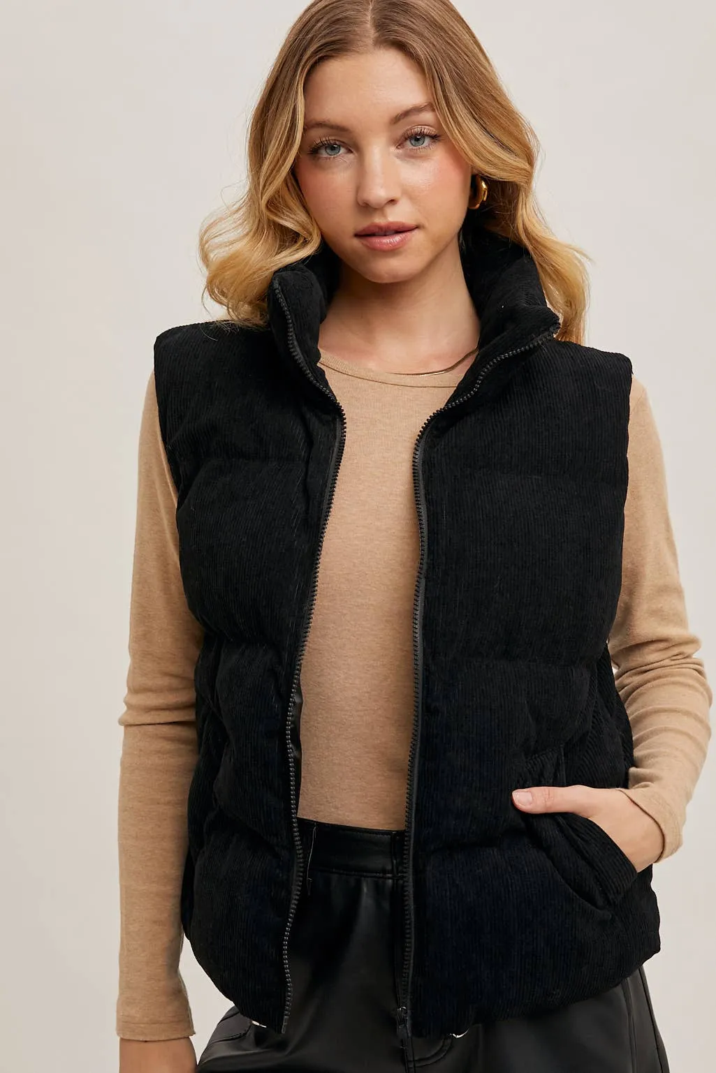 CORDUROY PUFFER VEST ZIPPER FRONT