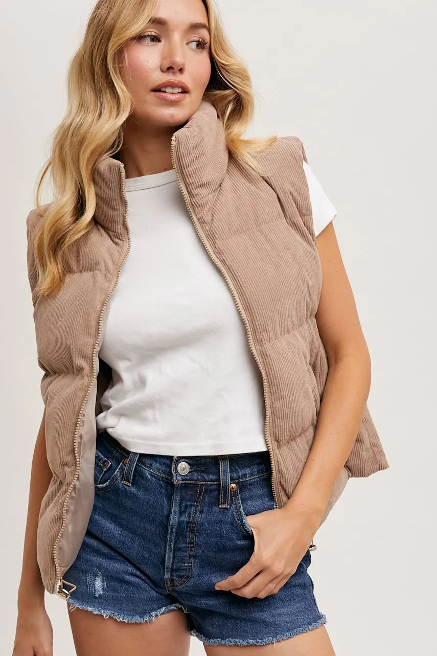 CORDUROY PUFFER VEST ZIPPER FRONT