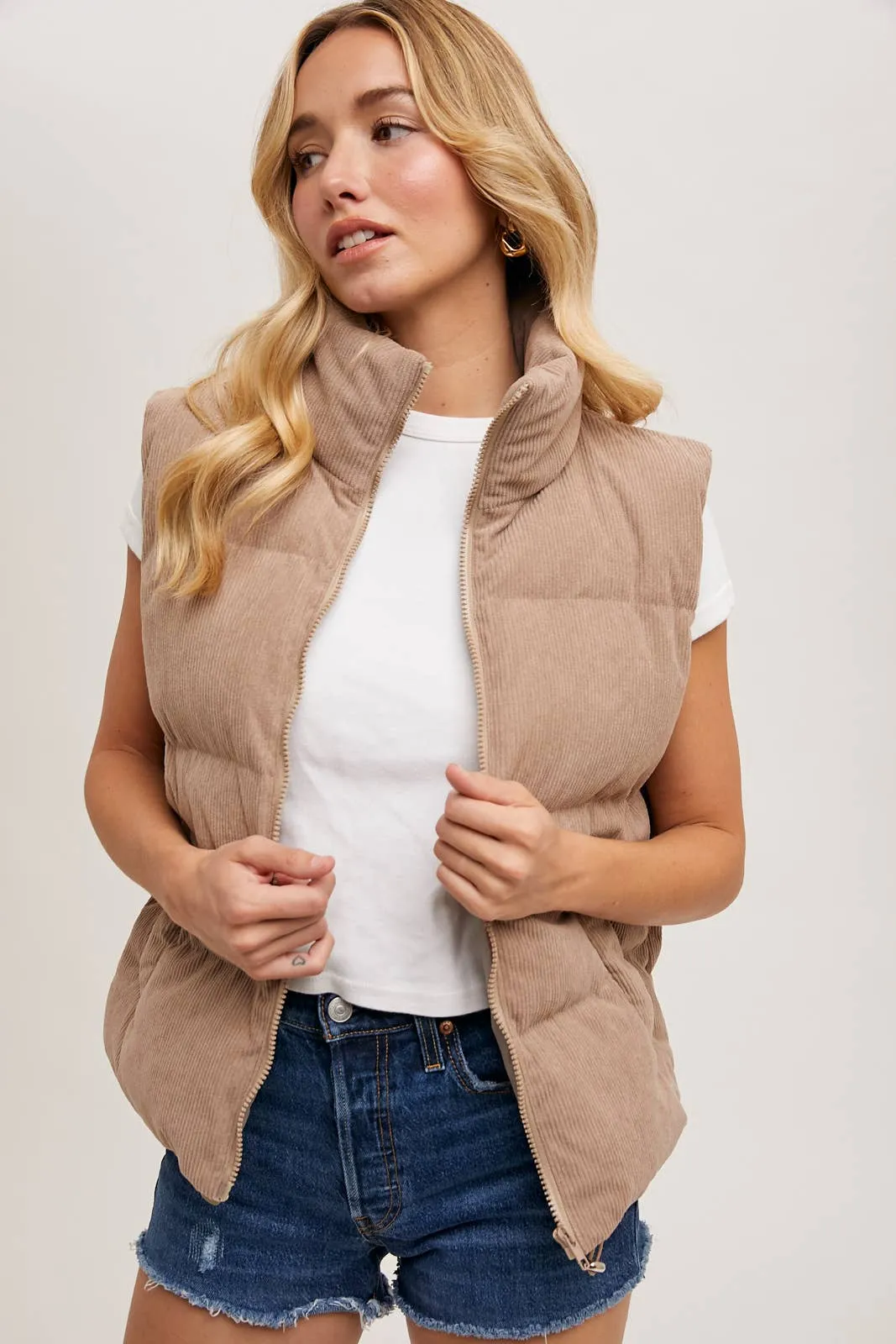 CORDUROY PUFFER VEST ZIPPER FRONT