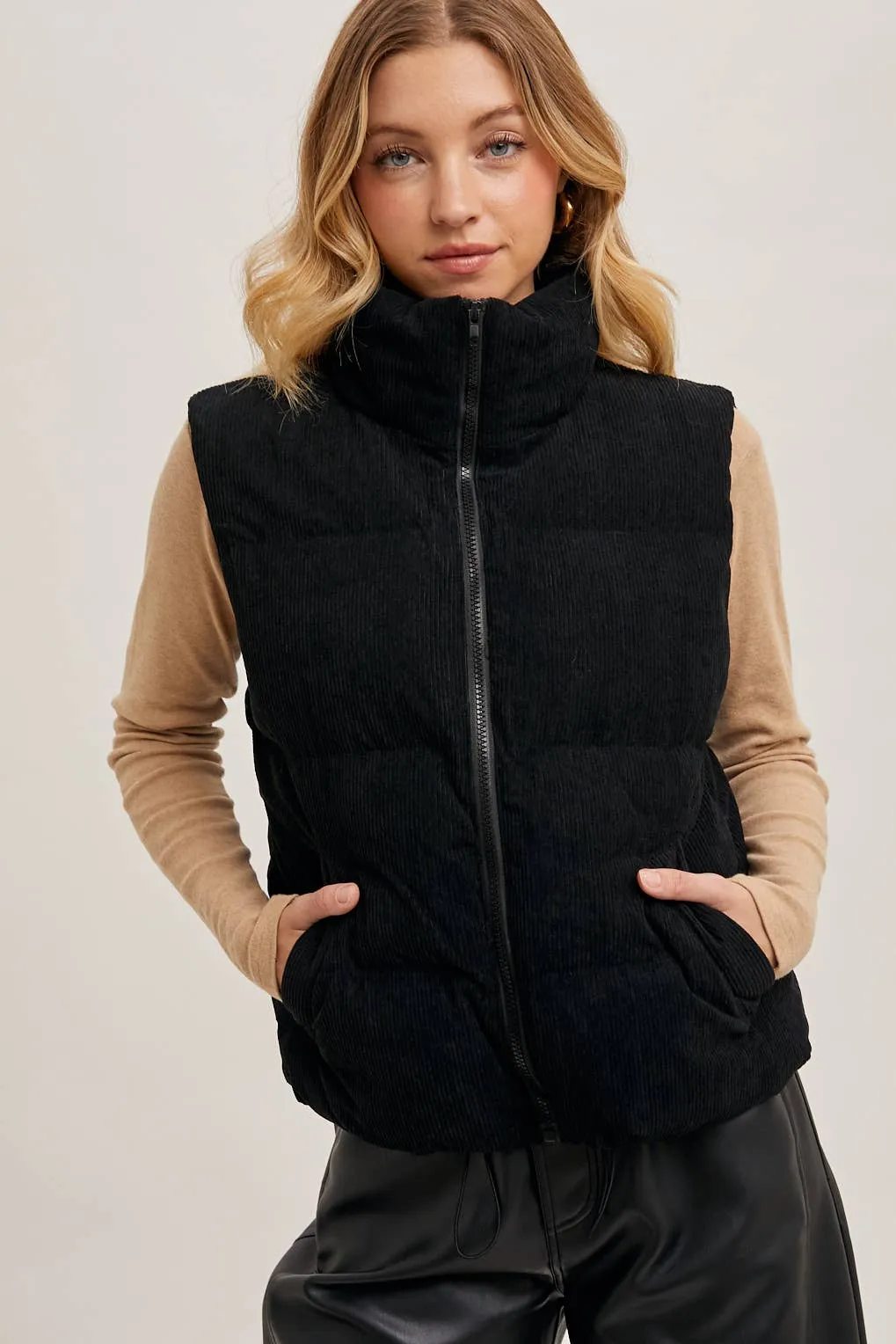 CORDUROY PUFFER VEST ZIPPER FRONT