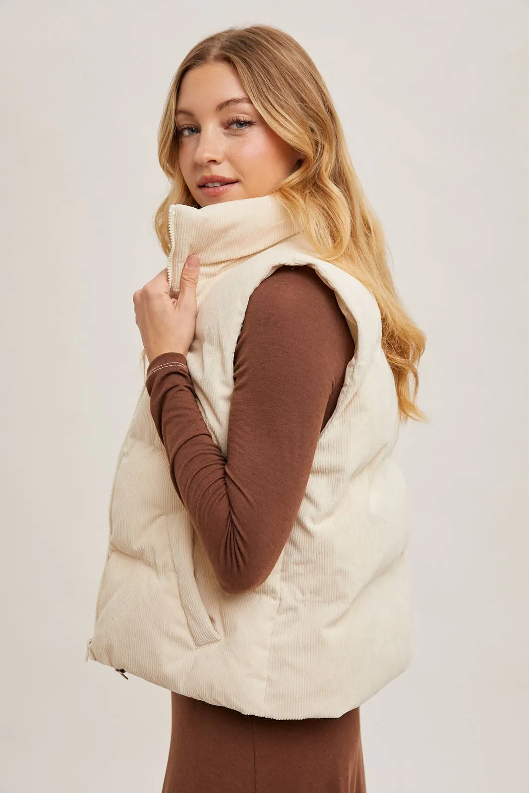 CORDUROY PUFFER VEST ZIPPER FRONT