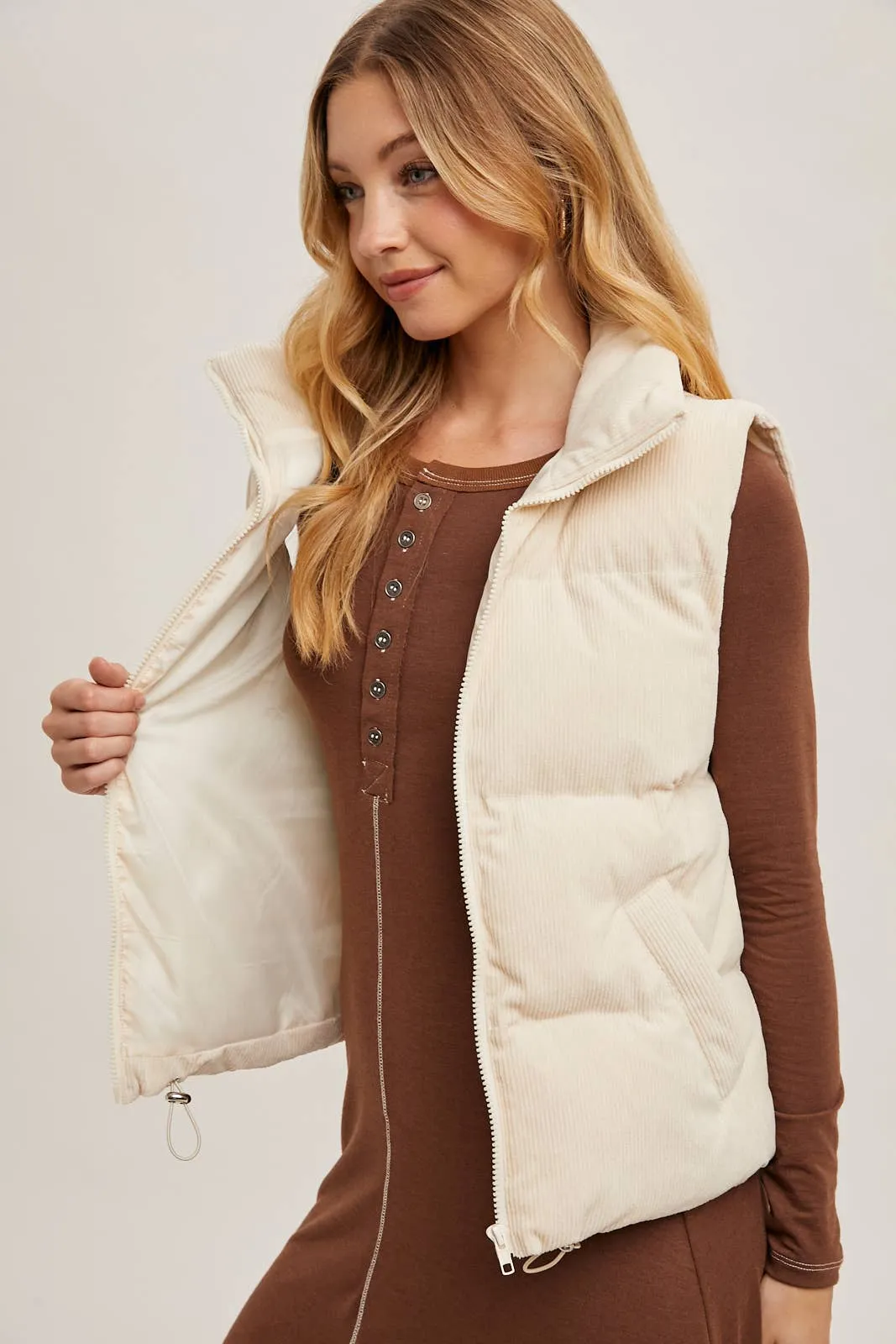 CORDUROY PUFFER VEST ZIPPER FRONT