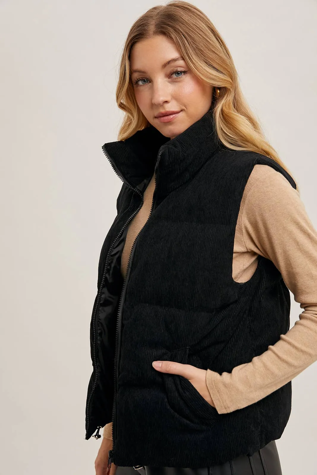 CORDUROY PUFFER VEST ZIPPER FRONT