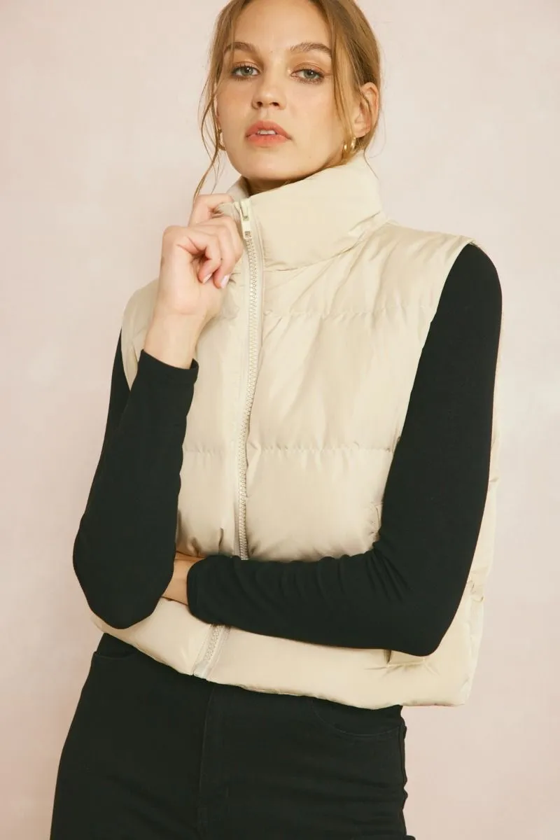 Cozy Up Cropped Puffer Vest - Sand *Regular & Curvy*