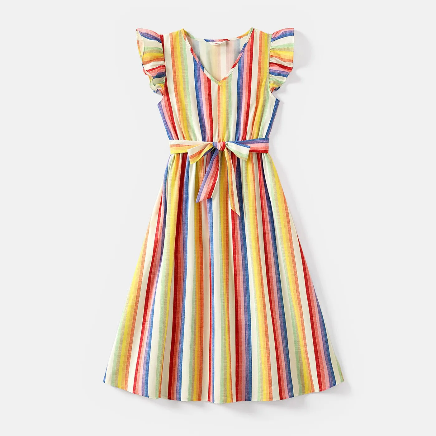 Family Matching Cotton Short-sleeve T-shirts and Colorful Striped Flutter-sleeve Dresses Sets