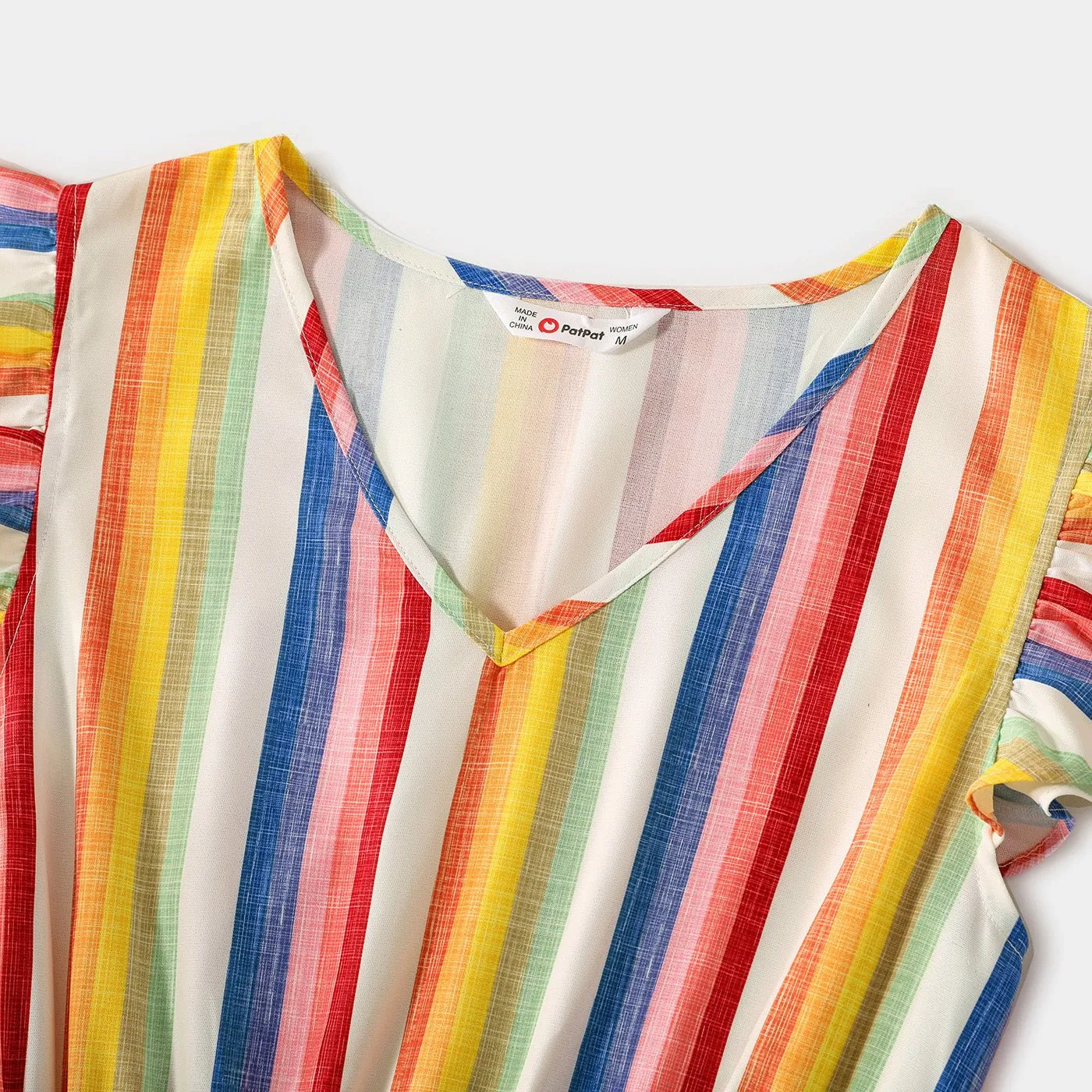 Family Matching Cotton Short-sleeve T-shirts and Colorful Striped Flutter-sleeve Dresses Sets