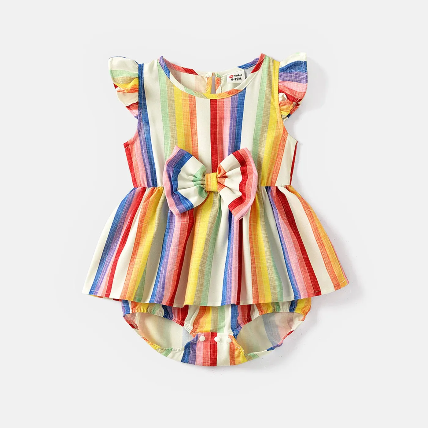 Family Matching Cotton Short-sleeve T-shirts and Colorful Striped Flutter-sleeve Dresses Sets