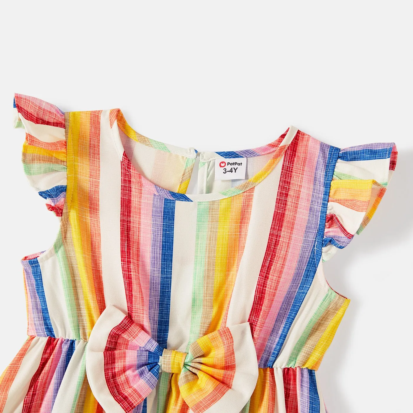 Family Matching Cotton Short-sleeve T-shirts and Colorful Striped Flutter-sleeve Dresses Sets