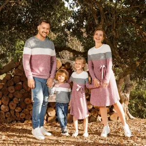 Family Matching Long-sleeve Colorblock Rib Knit Belted Dresses and Pullover Sets