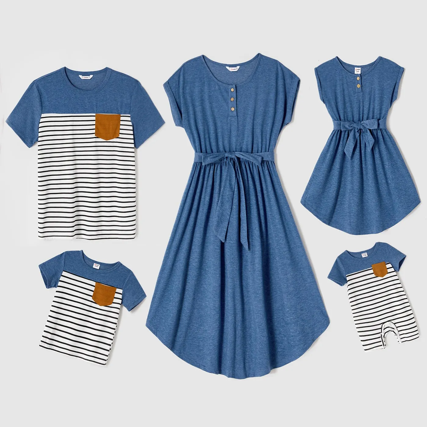 Family Matching Outfits Belt Waist with Bowknot Dress and Striped T-shirts