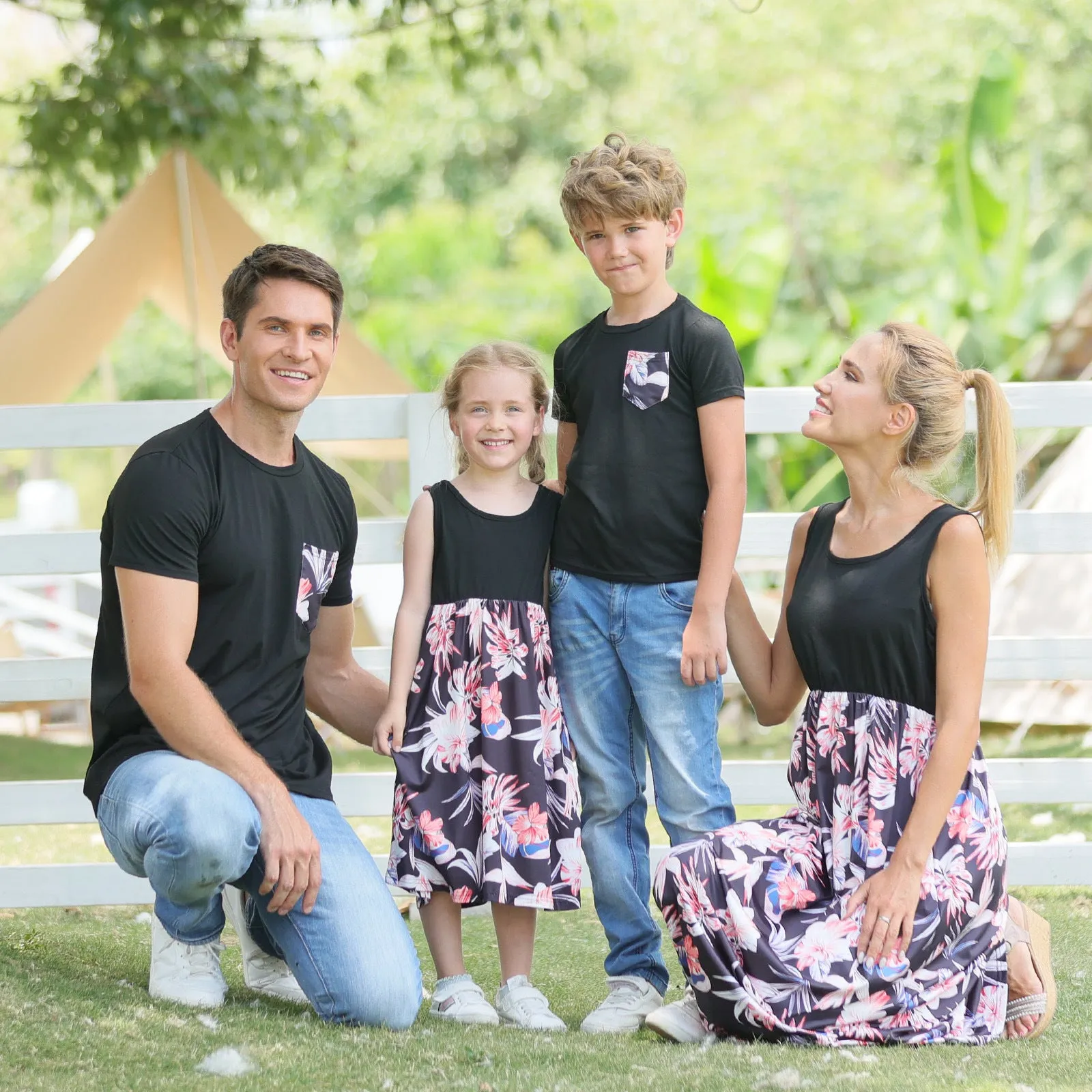 Family Matching Solid Short-sleeve Floral Print Dresses & T-shirts Sets