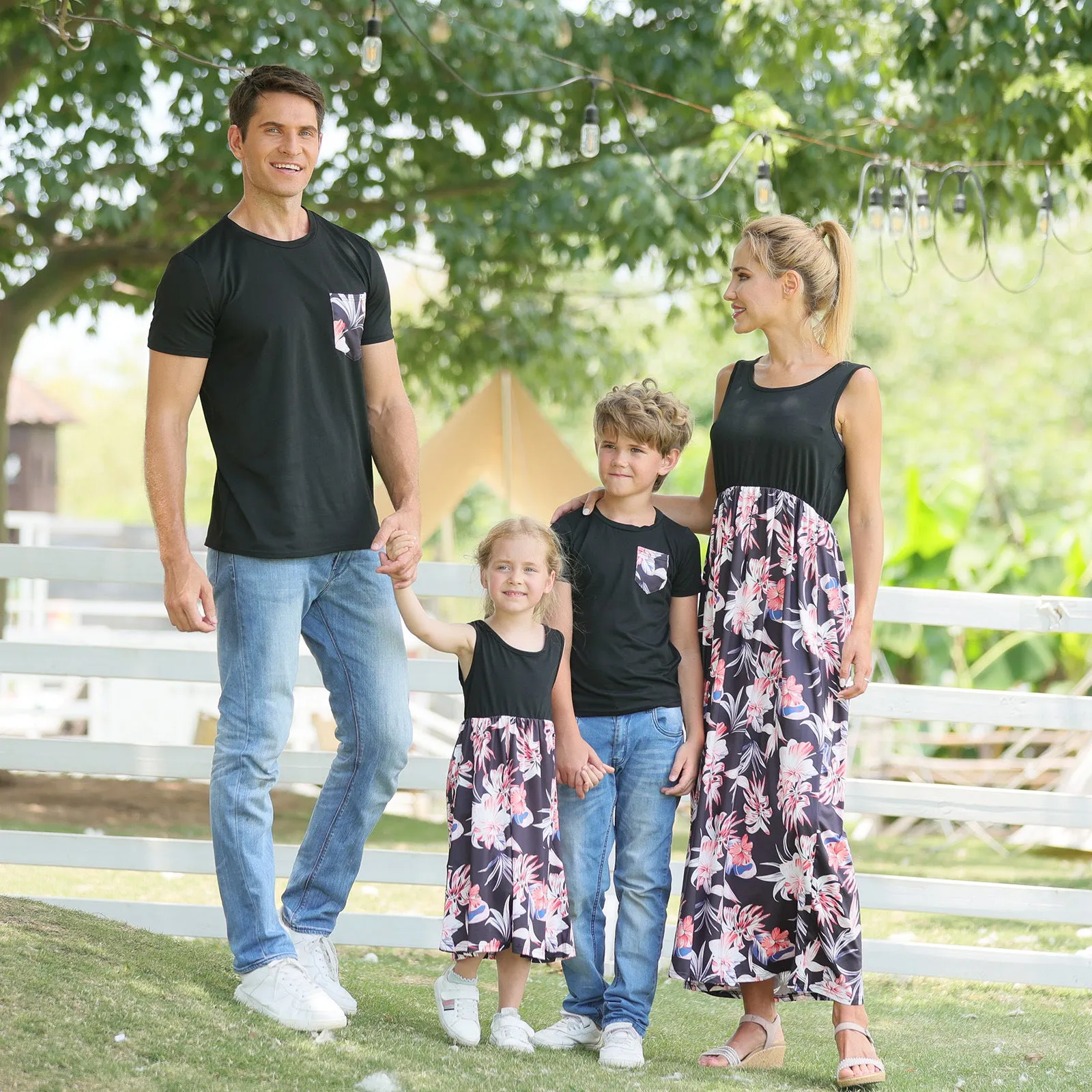 Family Matching Solid Short-sleeve Floral Print Dresses & T-shirts Sets