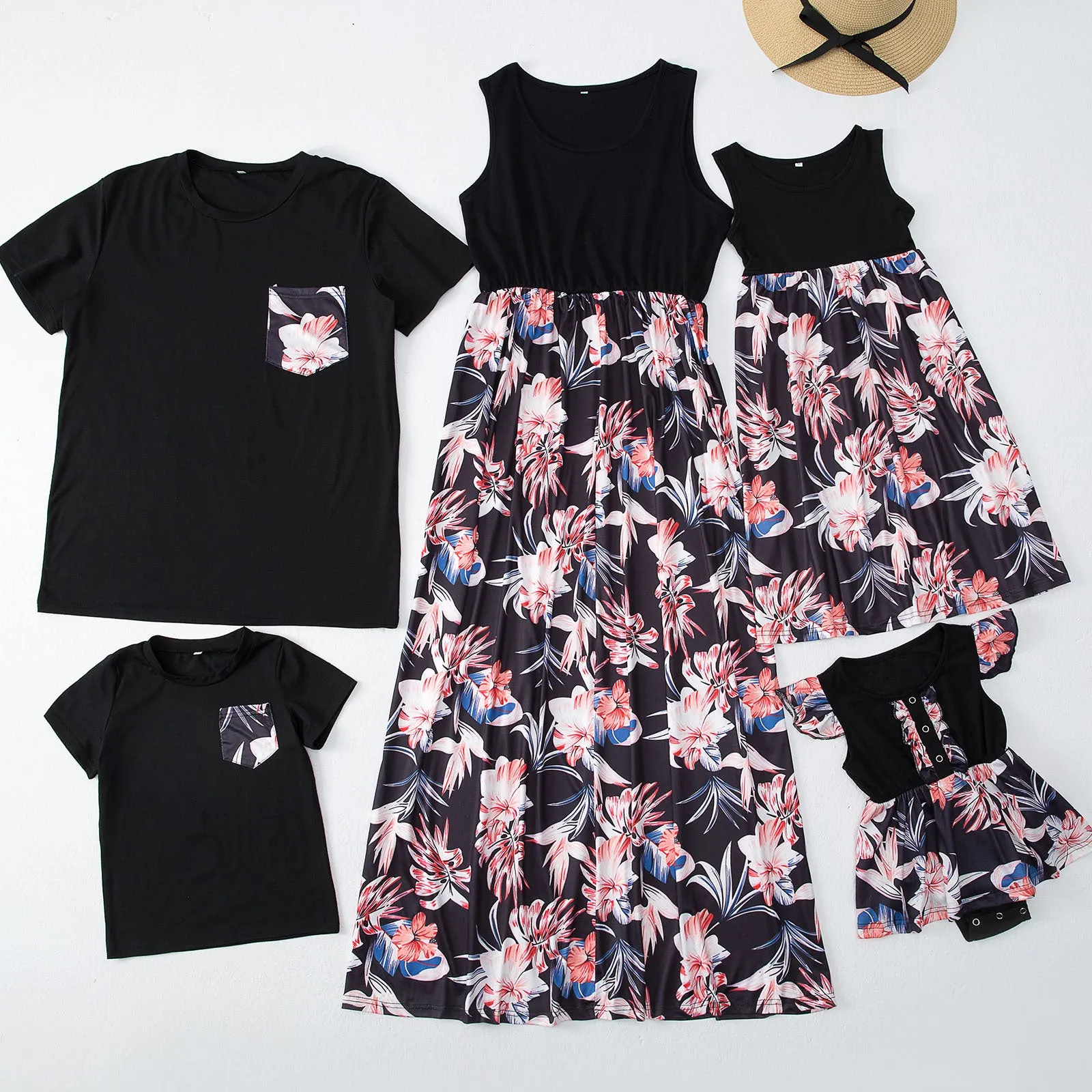 Family Matching Solid Short-sleeve Floral Print Dresses & T-shirts Sets