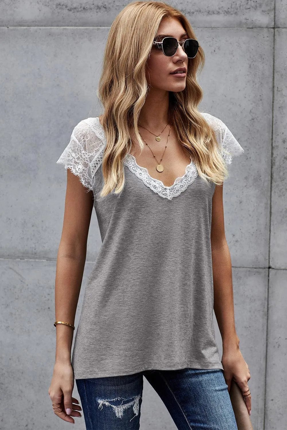 Fashion Gray Lace Knit Tank