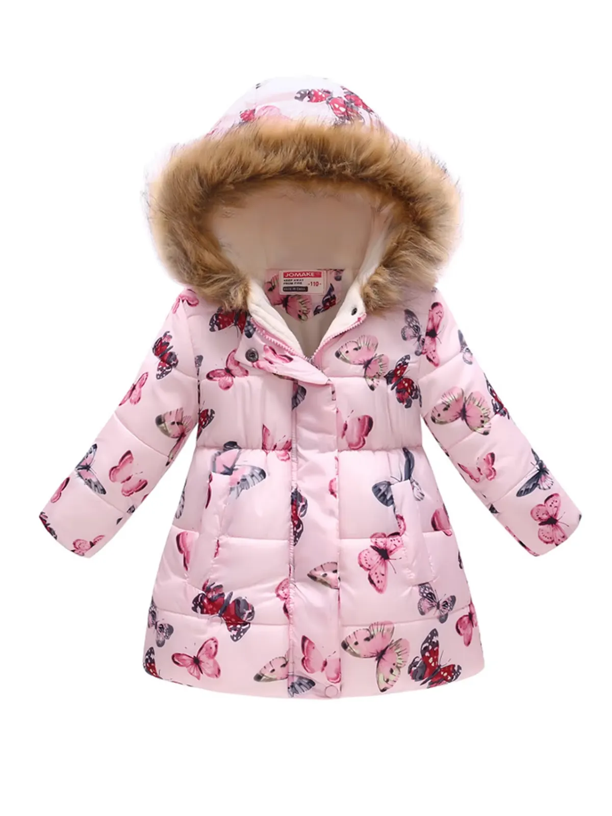 Flutter Bliss Butterfly Print Fur-Trim Hooded Puffer Coat