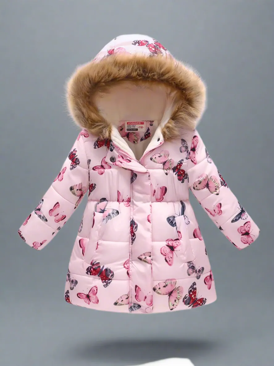 Flutter Bliss Butterfly Print Fur-Trim Hooded Puffer Coat