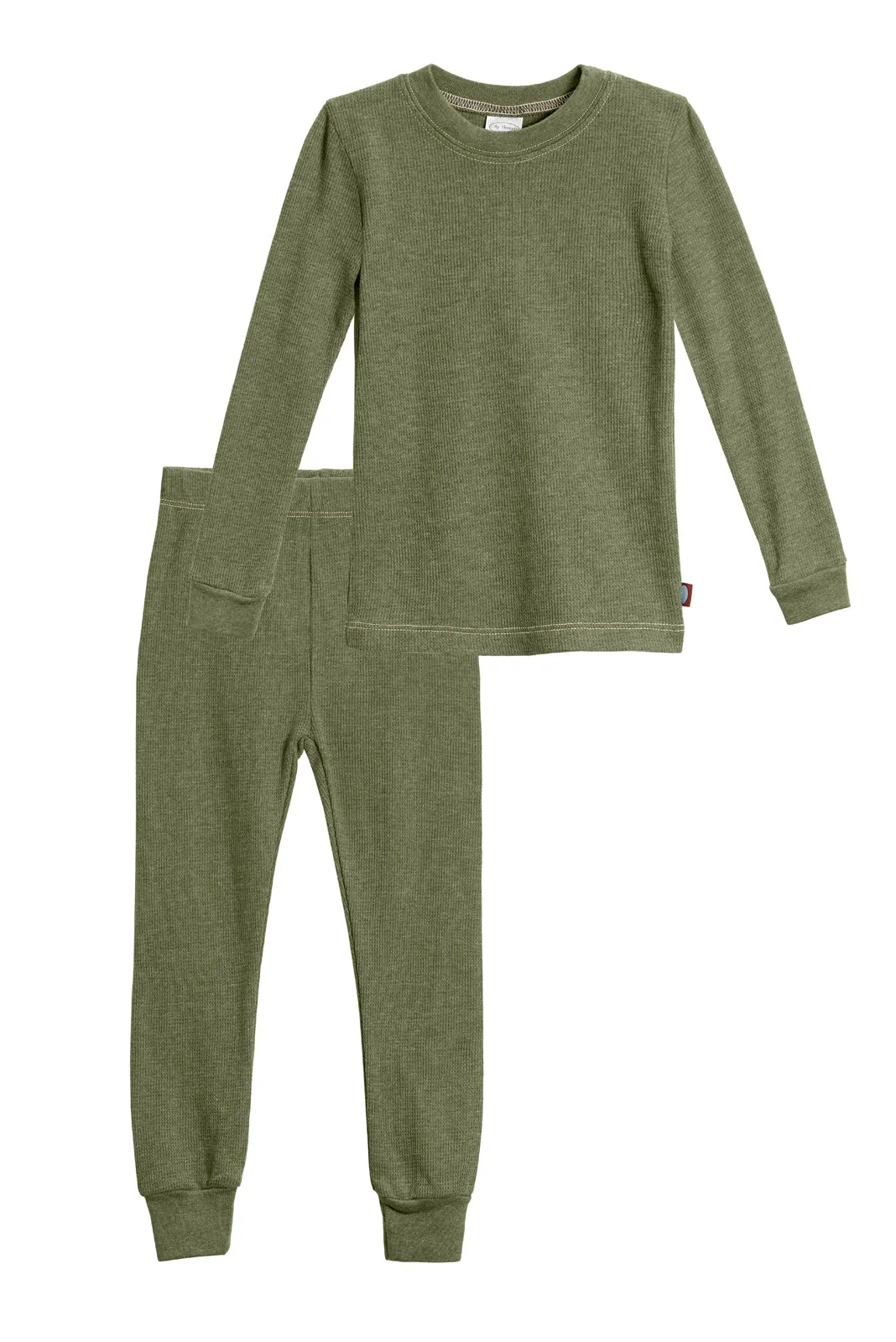 Girls Soft & Cozy Thermal 2-Piece Long Johns | Olive w- Light Pink Stitch