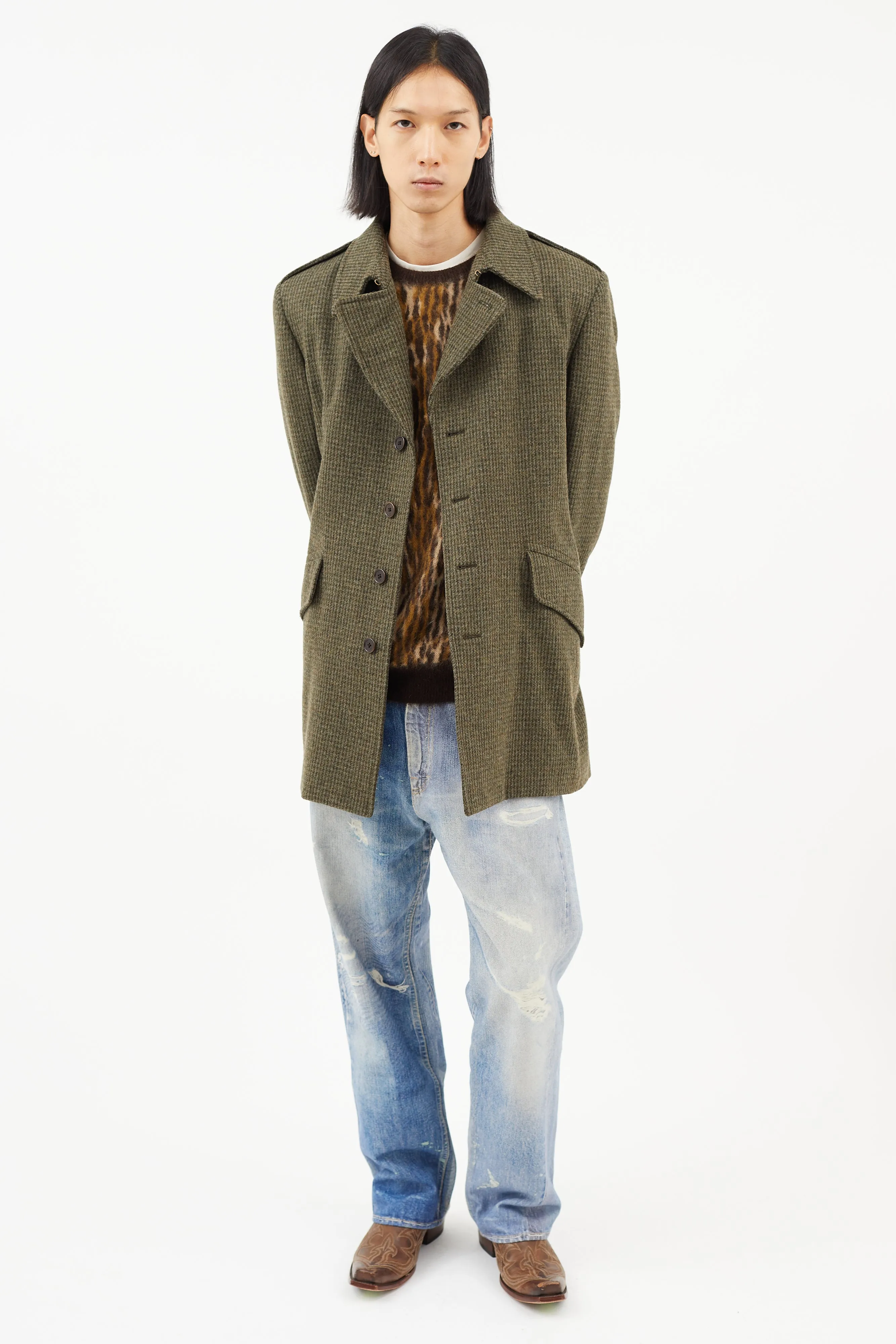 Green Wool Check Trench Coat